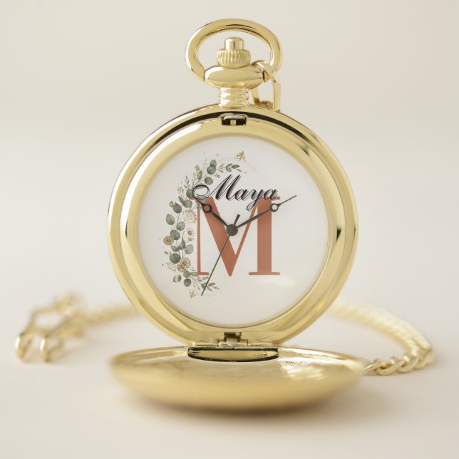Boho Floral Monogram Personalized Pocket Watch (Inside)