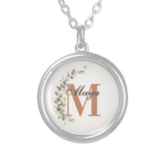 Boho Floral Monogram Personalized Silver Plated Necklace