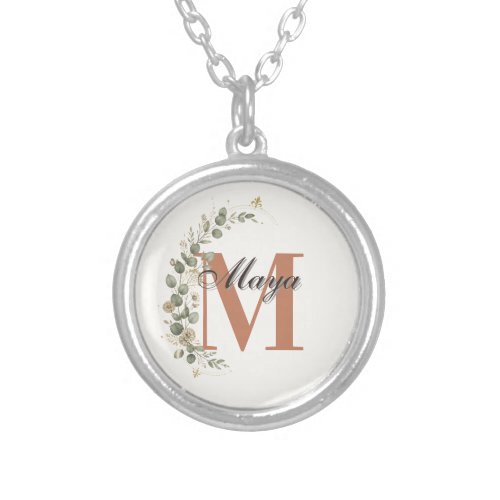 Boho Floral Monogram Personalized Silver Plated Necklace