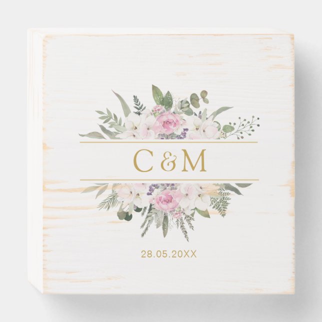 Boho Floral Monogram Wedding Rustic Wooden Box Sign (Front Horizontal)