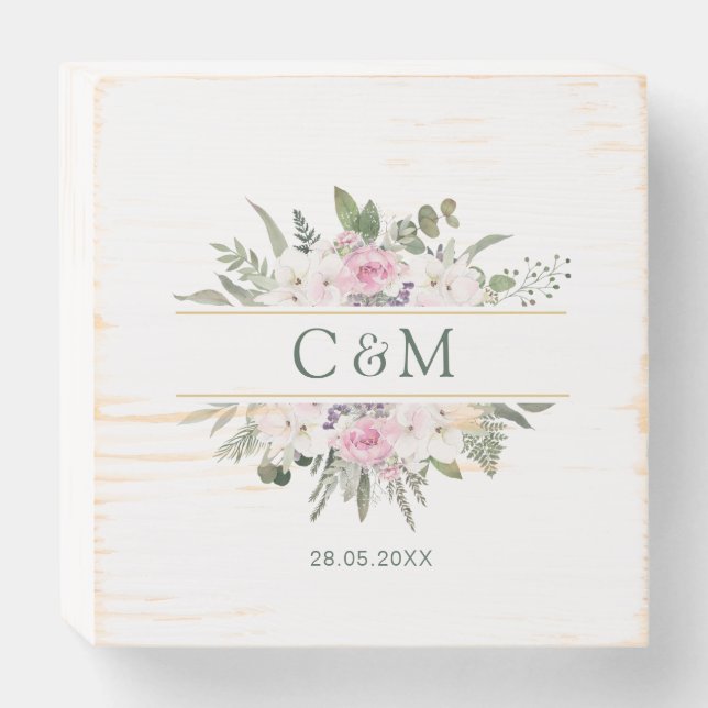 Boho Floral Monogram Wedding Rustic Wooden Box Sign (Front Horizontal)