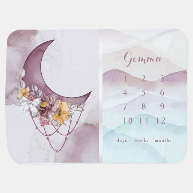 Boho Floral Moon Milestone Baby Blanket (Horizontal)