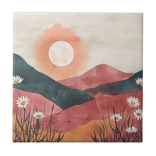 Boho Floral Mountain Sunset – Rustic Nature Ceramic Tile (Front)