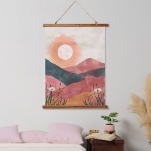 Boho Floral Mountain Sunset – Rustic Nature Hanging Tapestry