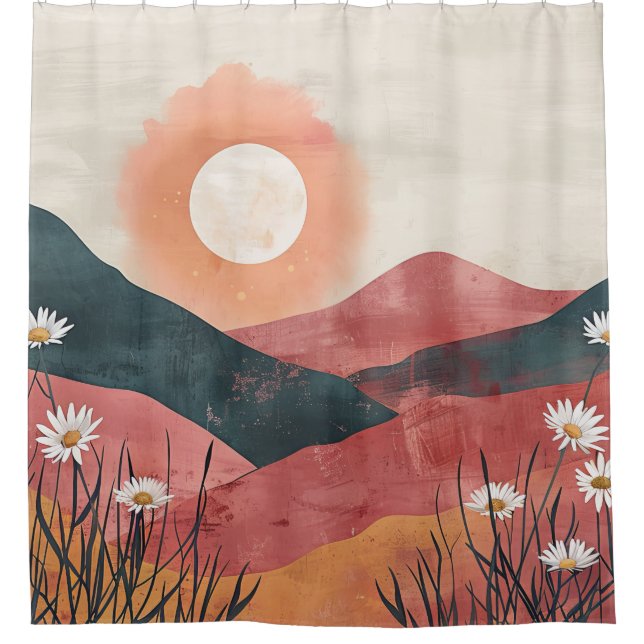 Boho Floral Mountain Sunset – Rustic Nature Shower Curtain (Front)