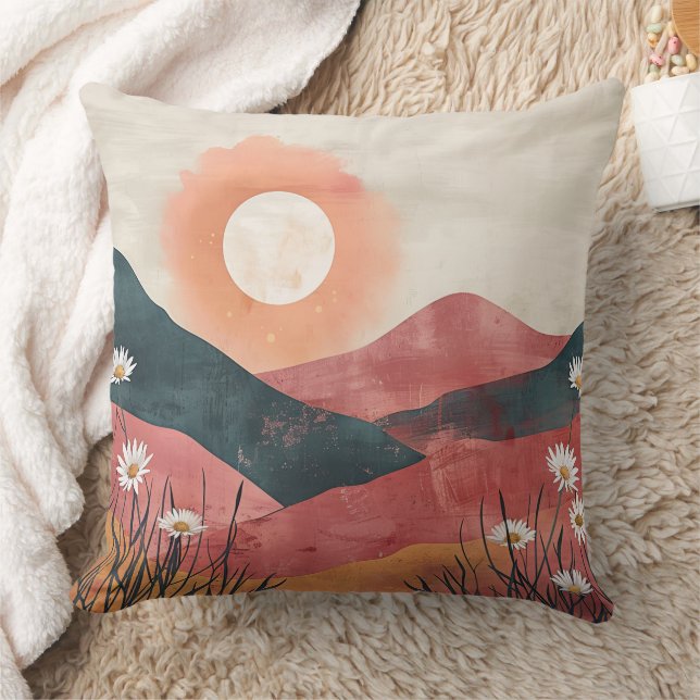 Boho Floral Mountain Sunset – Rustic Nature Throw Pillow (Blanket)