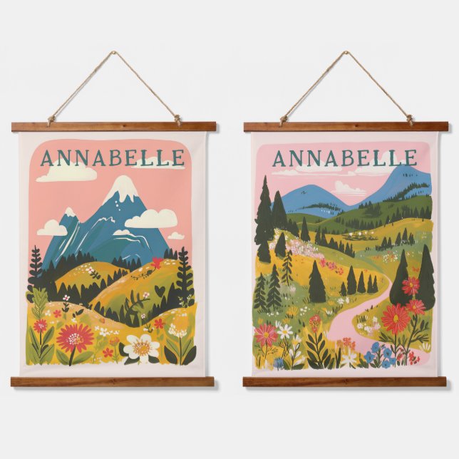 Boho Floral Mountains Illustration First Name Hanging Tapestry (Double)