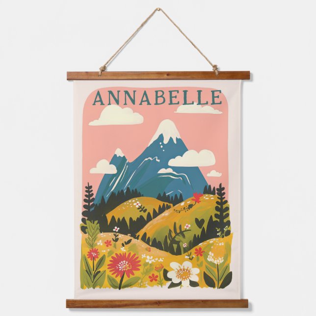 Boho Floral Mountains Illustration First Name Hanging Tapestry (Front)