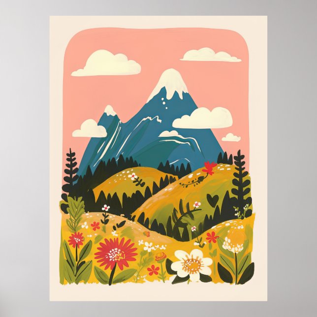 Boho Floral Mountains Landscape Illustration Poster (Front)