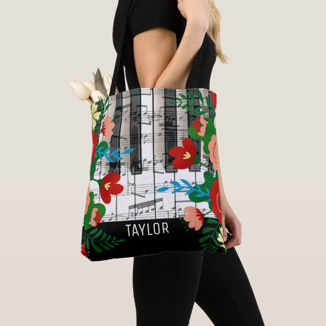boho floral music custom name tote bag (Close Up)