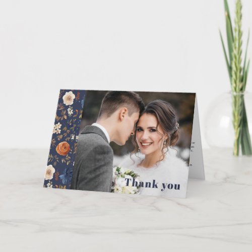 Boho Floral Navy Photo Wedding  Thank You Card