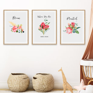 Boho Floral Nursery Personalized Name Birthdate Wall Art Sets