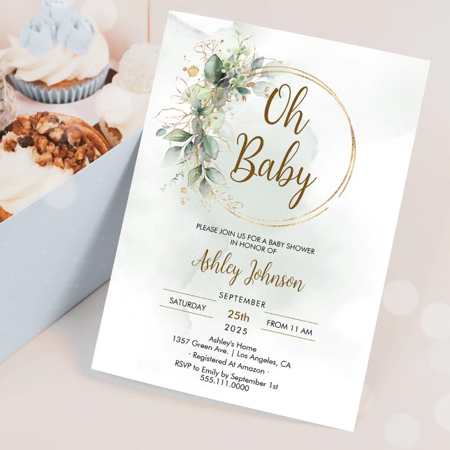 Boho Floral Oh Baby Green and Gold Baby Shower Invitation (Creator Uploaded)