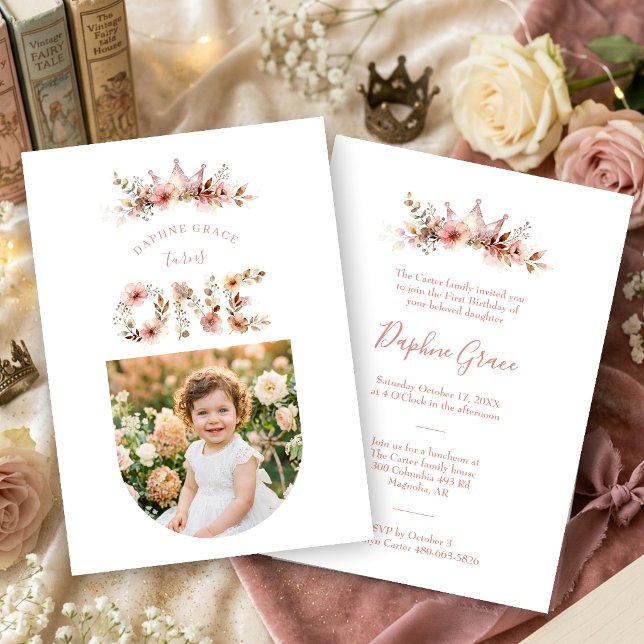 Boho Floral One Word Pink First Birthday  Invitation (Boho Floral One Word Pink First Birthday Invitation with Romantic Watercolor Effect Wildflowers.)