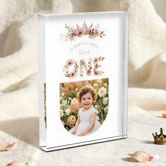 Boho Floral One Word Pink First Birthday LPM26 Photo Block