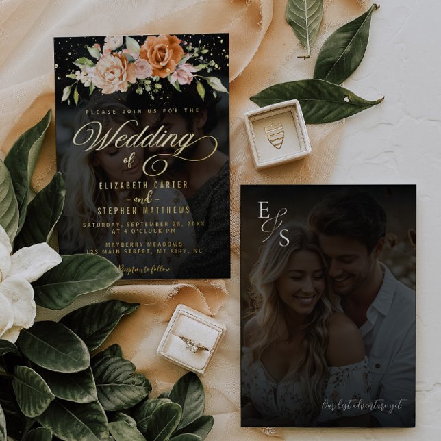 Boho Floral Orange and Blush Pink Photo Wedding Foil Invitation (Creator Uploaded)
