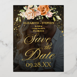 Boho Floral Orange and Blush Pink Photo Wedding Foil Invitation Postcard