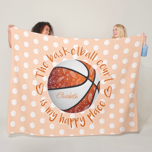 boho floral orange basketball court happy place fleece blanket