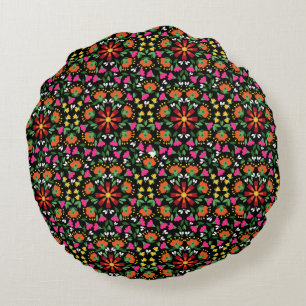 Boho Floral Orange Pink Black Green Round Pillow
