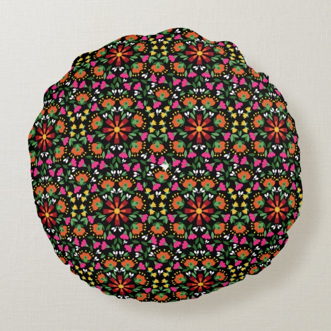 Boho Floral Orange Pink Black Green Round Pillow (Back)
