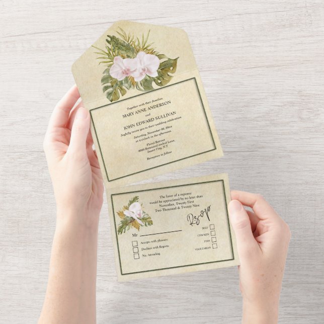 Boho floral orchid green frame rustic all in one invitation (Tearaway)
