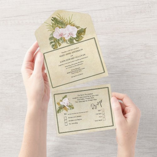 Boho floral orchid green frame rustic all in one invitation