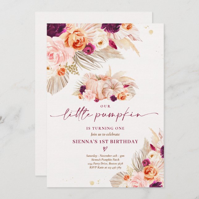Boho Floral Our Little Pumpkin 1st Birthday Party Invitation (Front/Back)