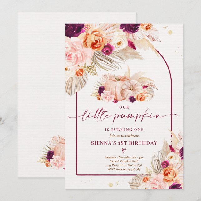 Boho Floral Our Little Pumpkin 1st Birthday Party Invitation (Front/Back)