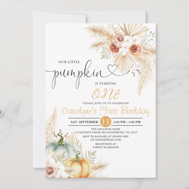 Boho Floral Our Little Pumpkin Birthday Party Invitation (Front)