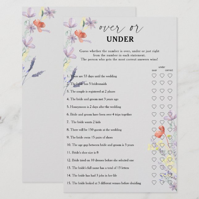 Boho Floral over or under bridal shower game (Front/Back)