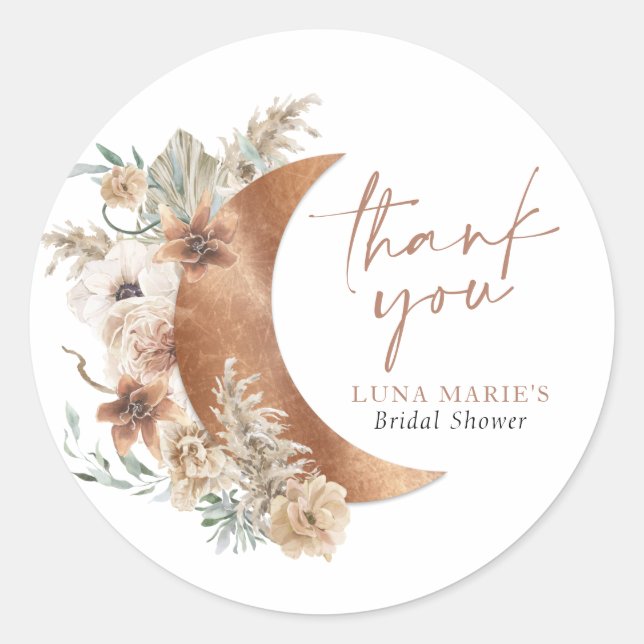 Boho Floral Over the Moon Thank you Classic Round Sticker (Front)