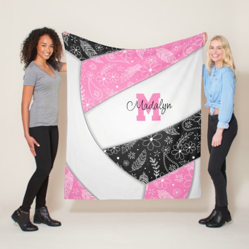 boho floral paisley feathers pink black volleyball fleece blanket