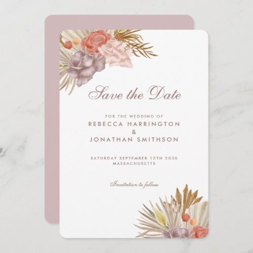 Boho Floral Palm Leaf Pink Wedding Save The Date Invitation