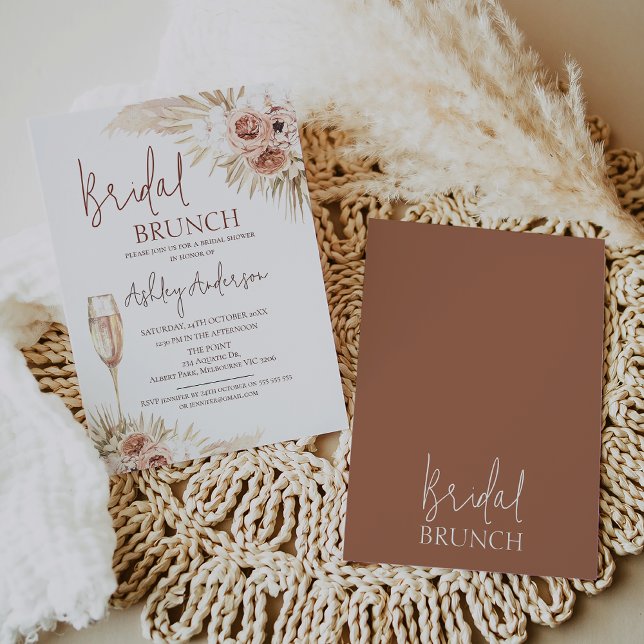 Boho Floral Palm Pampas Bridal Shower Invitation (Boho floral and champagne glass bridal brunch bridal shower invitation with a terracotta back.)