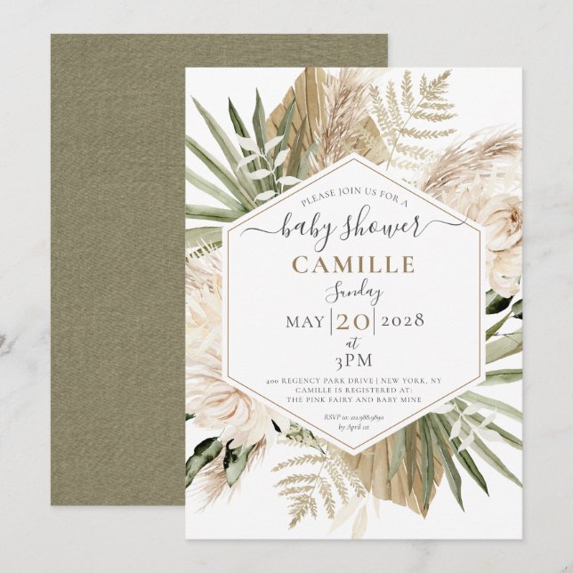 Boho Floral Palmetto Leaves eucalyptus Baby Shower Invitation (Front/Back)