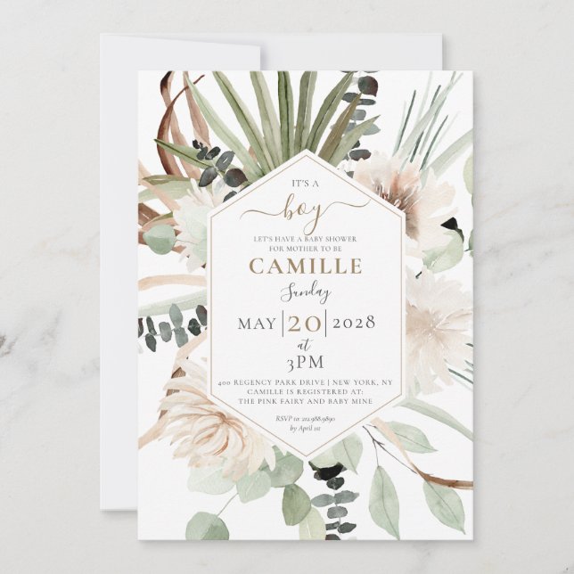 Boho Floral Palmetto Leaves eucalyptus Invitation (Front)