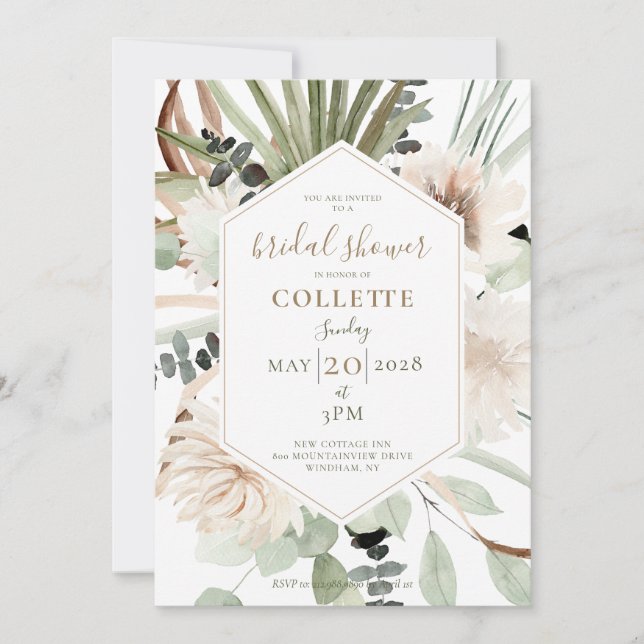 Boho Floral Palmetto Pampas Grass Bridal Shower Invitation (Front)