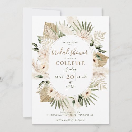 Boho Floral Palmetto Pampas Grass Bridal Shower Invitation