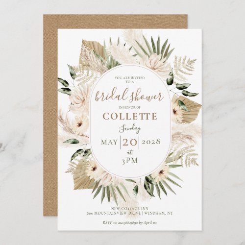 Boho Floral Palmetto Pampas Grass Bridal Shower Invitation