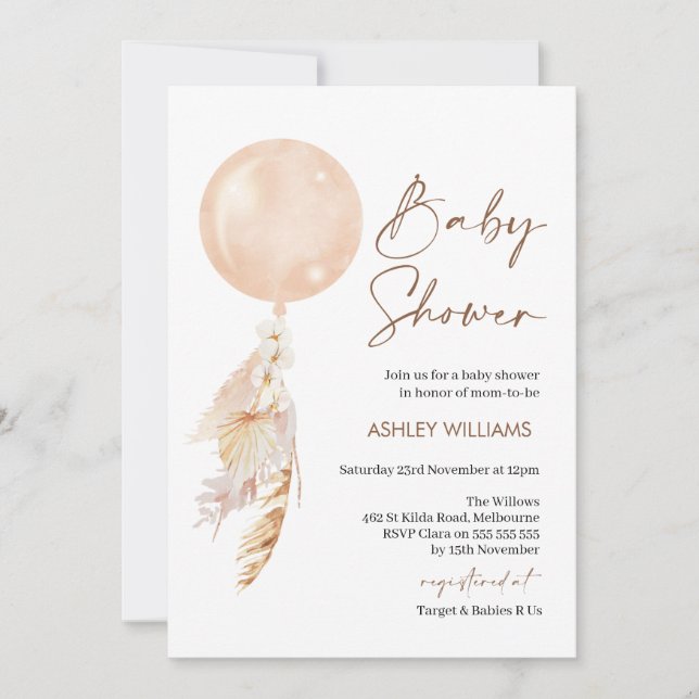 Boho Floral Pampas Balloon Baby Shower Invitation (Front)