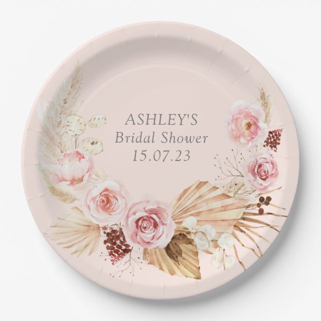 Boho floral pampas blush pink Bridal Shower Paper Plates (Front)