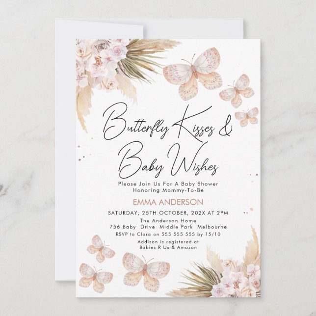 Boho Floral Pampas Butterfly Kisses Baby Shower Invitation (Front)