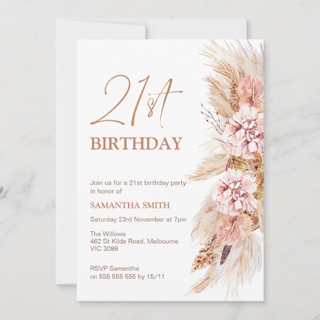 Boho Floral Pampas Grass 21st Birthday Invitation (Front)