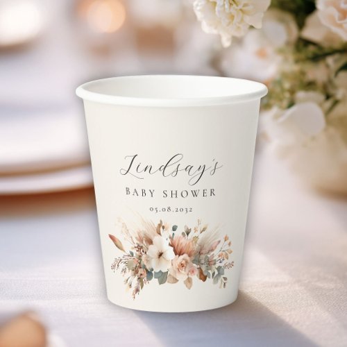 Boho Floral Pampas Grass Baby Shower Paper Cups