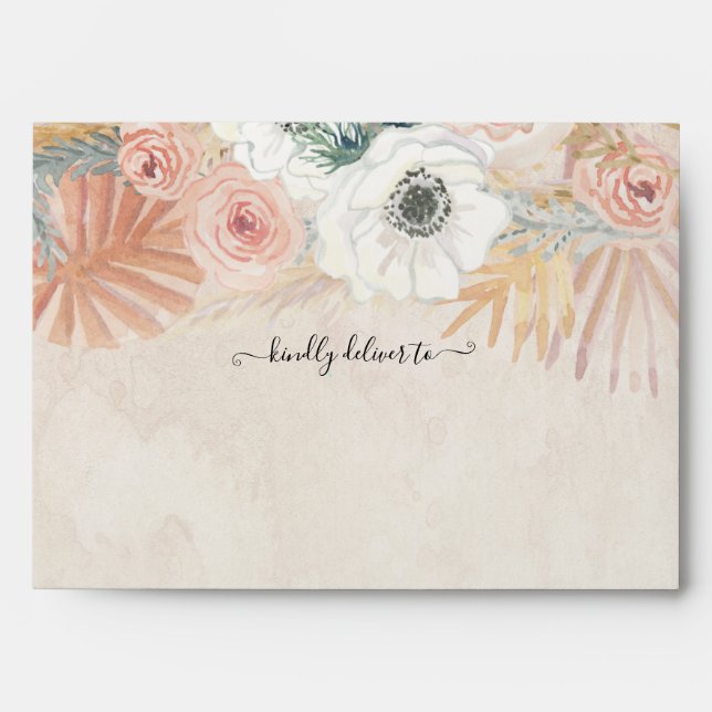 Boho Floral Pampas Grass Blush Peach Wedding Envelope (Front)