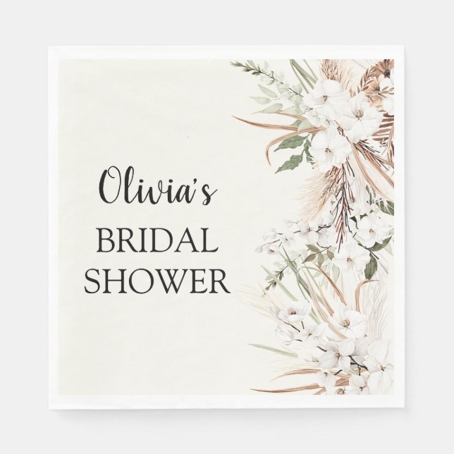 Boho Floral Pampas Grass  Bridal Shower Paper  Napkins (Front)