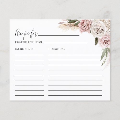 Boho Floral Pampas Grass Bridal Shower Recipe Card