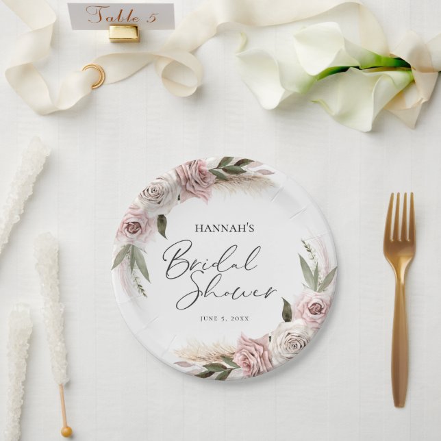 Boho Floral Pampas Grass Bridal Shower Welcome Paper Plates (Wedding)