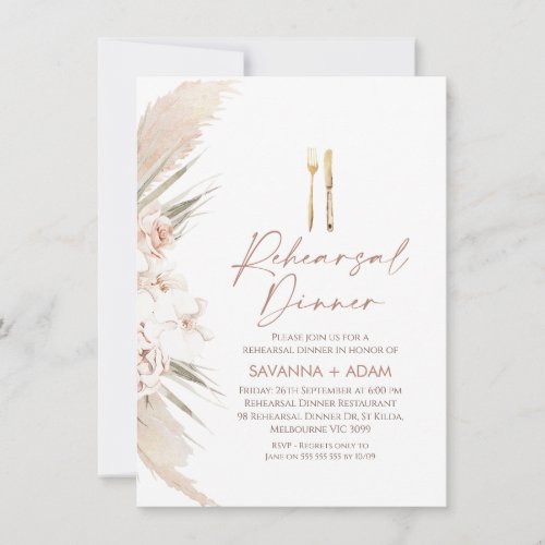 Boho Floral Pampas Grass Cutlery Rehearsal Dinner Invitation