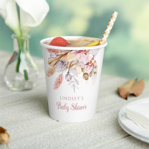 Boho Floral Pampas Grass Dusty Pink Paper Cups